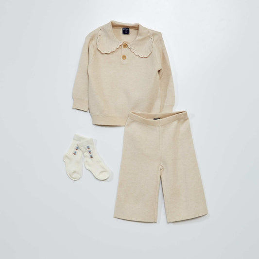 Sweater + trousers + socks set - 3-piece set beige