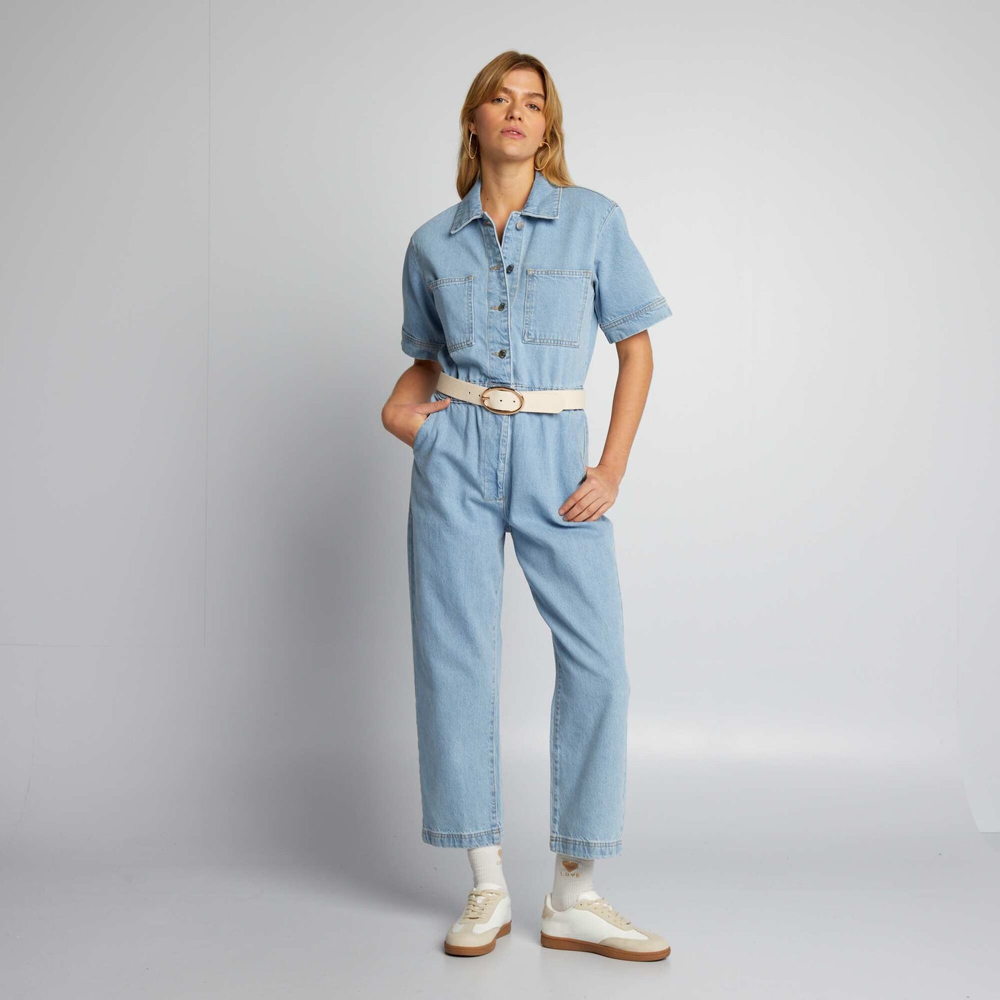 Short-sleeved denim jumpsuit BLUE