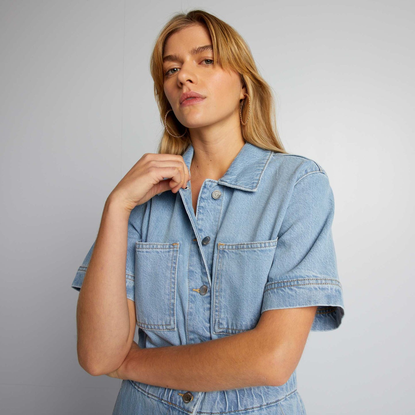 Short-sleeved denim jumpsuit BLUE