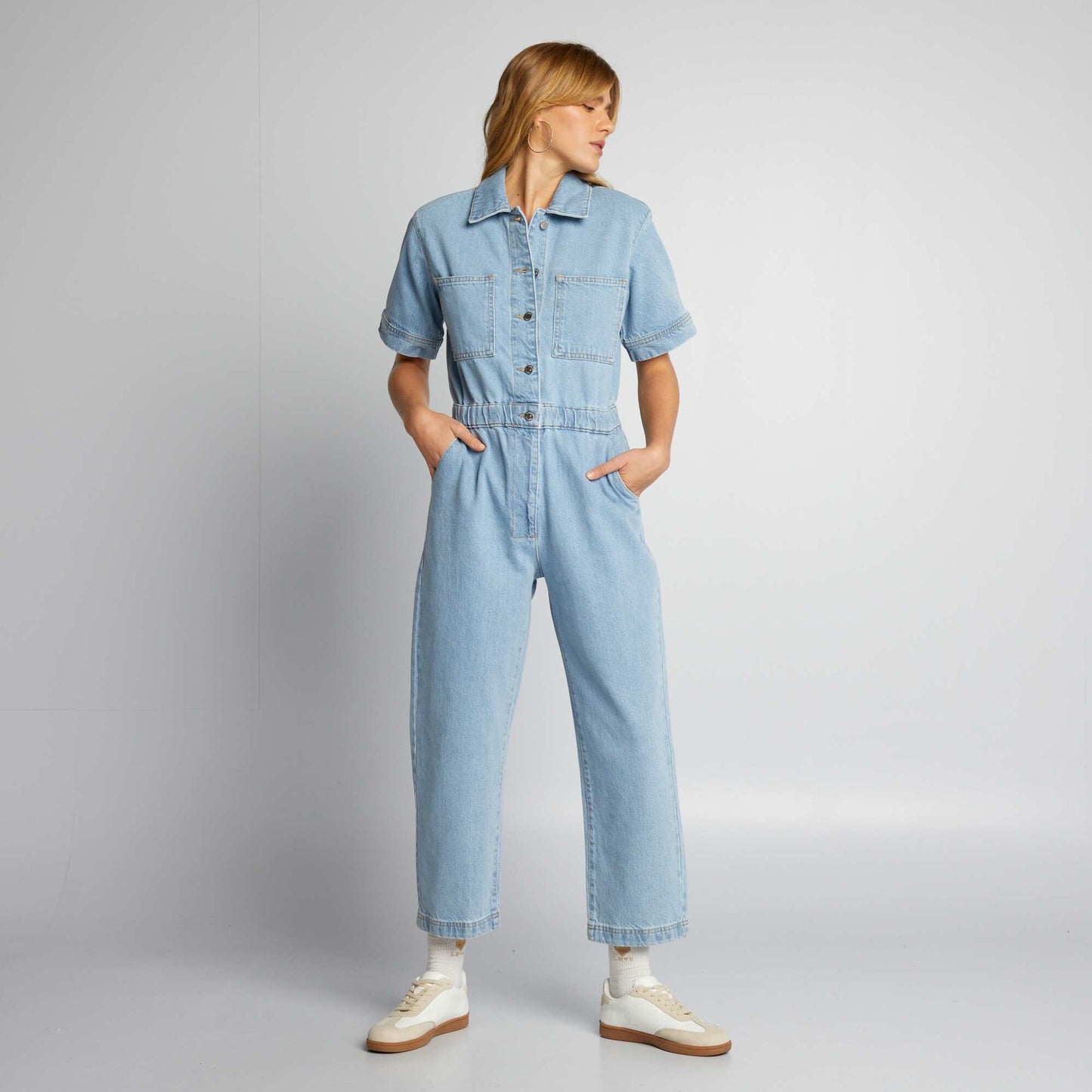 Short-sleeved denim jumpsuit BLUE