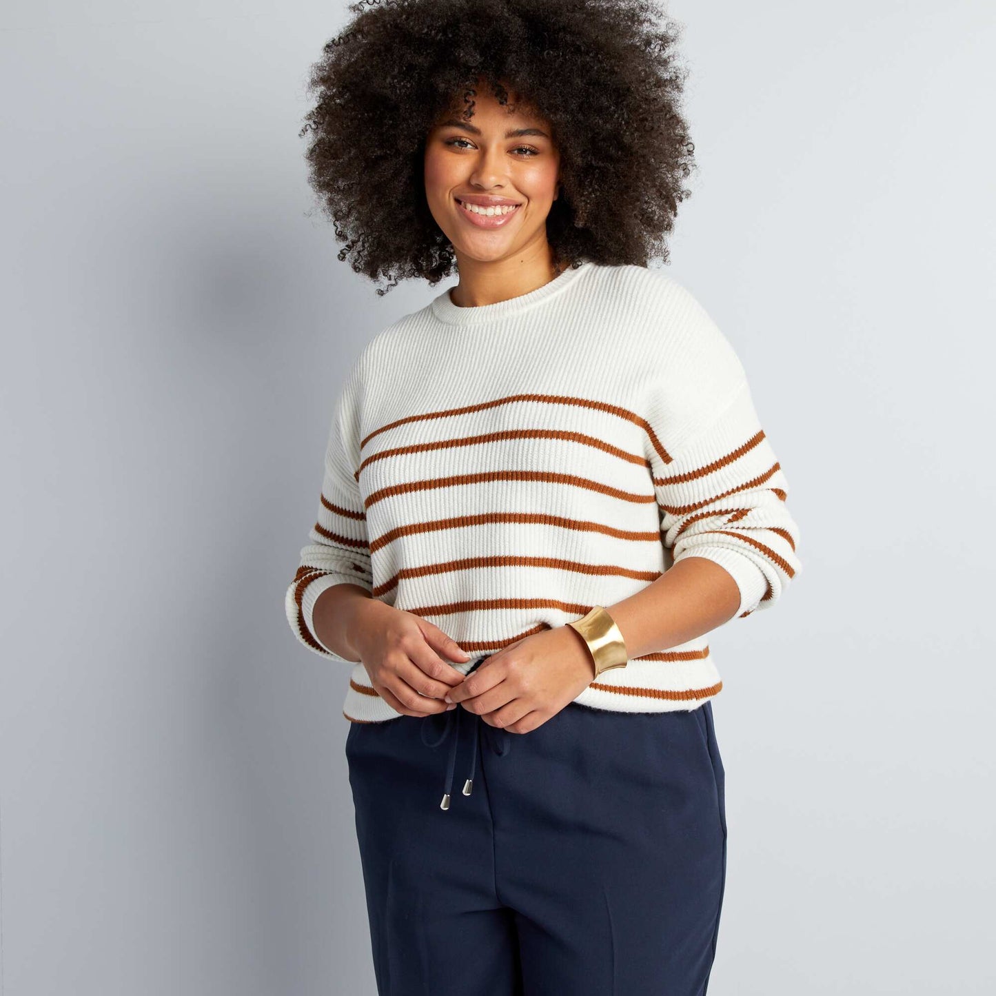 Round neck striped sweater WHITE