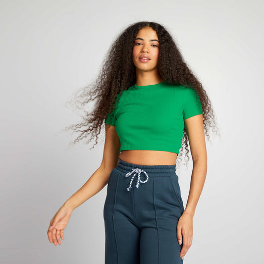 Cropped ribbed T-shirt with ties GREEN