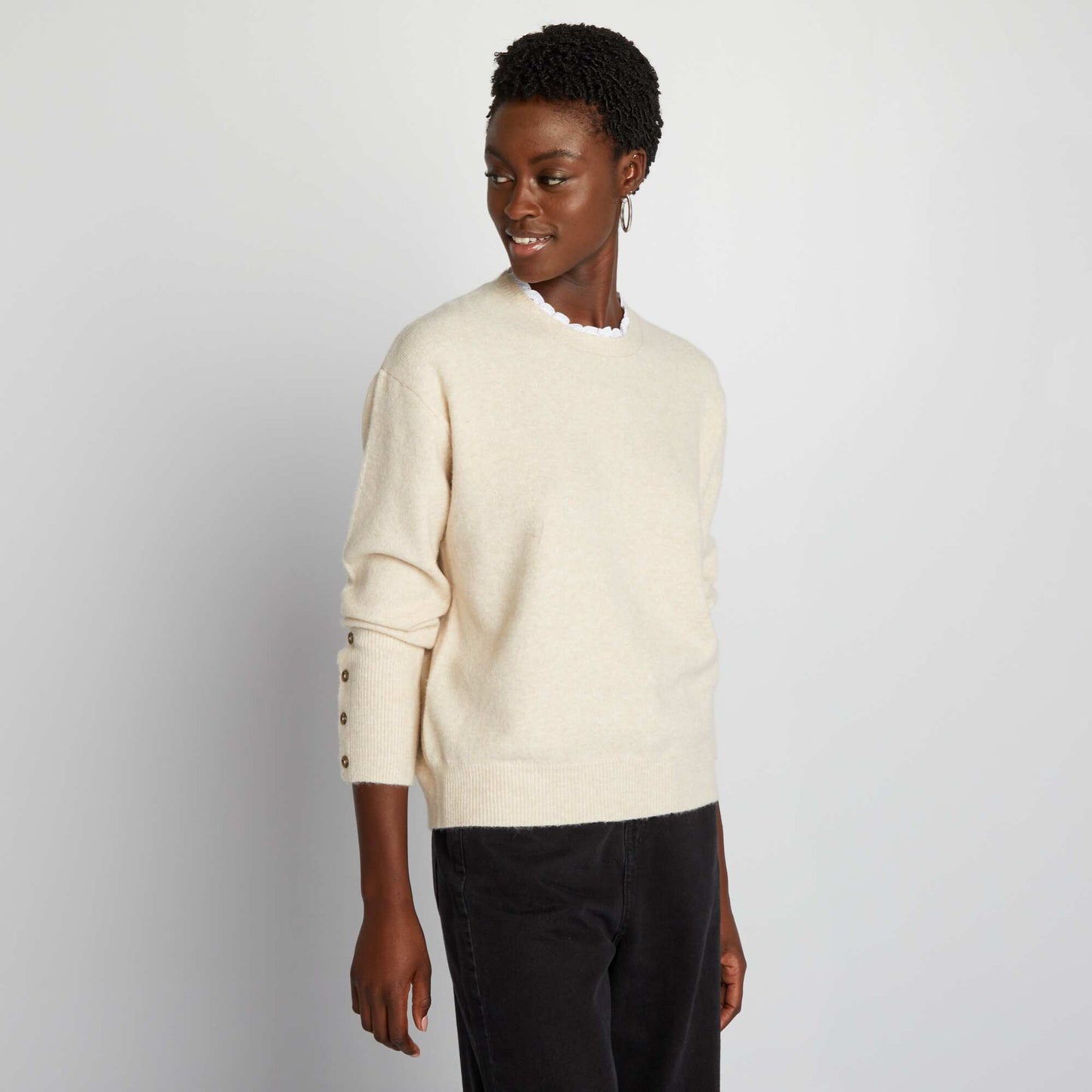 Knit jumper with embroidered collar BEIGE