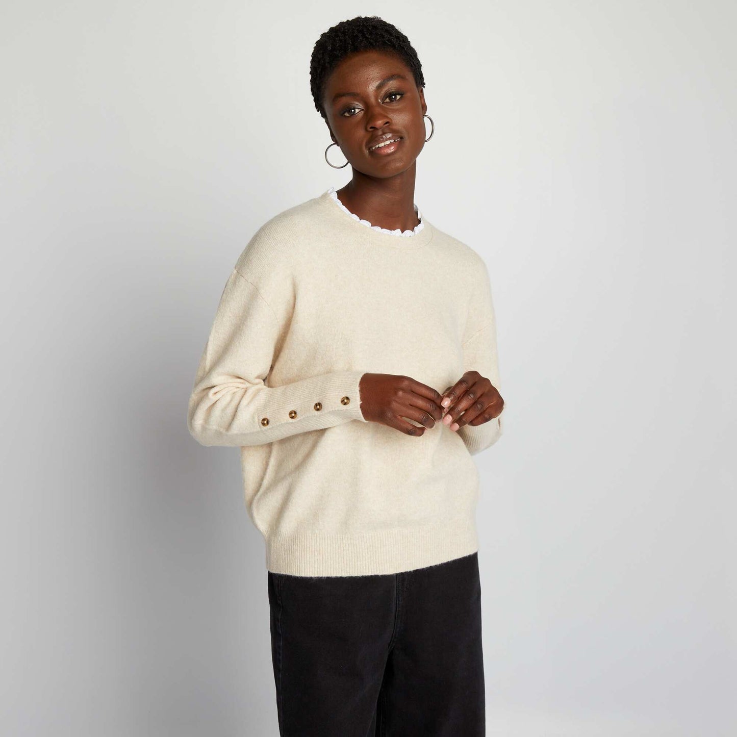 Knit jumper with embroidered collar BEIGE