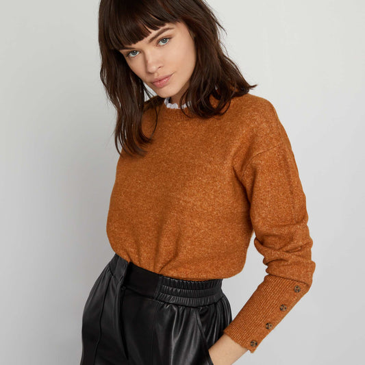 Knit jumper with embroidered collar BROWN