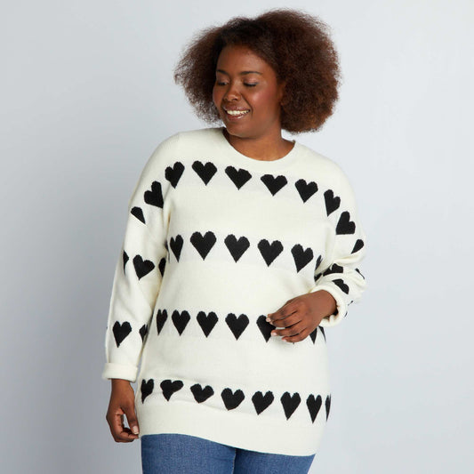 Wool-style sweater with heart print BEIGE