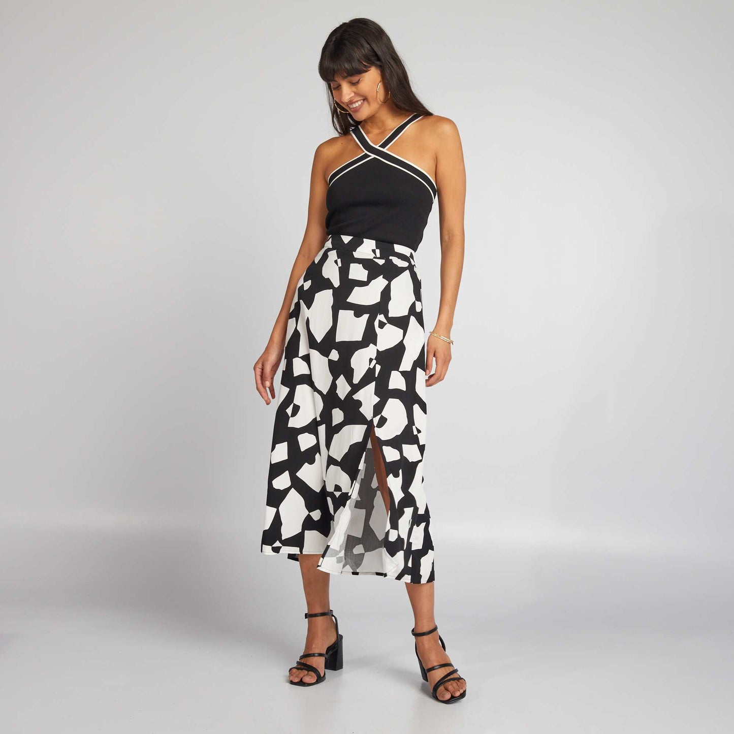 Flowing printed midi skirt BLACK