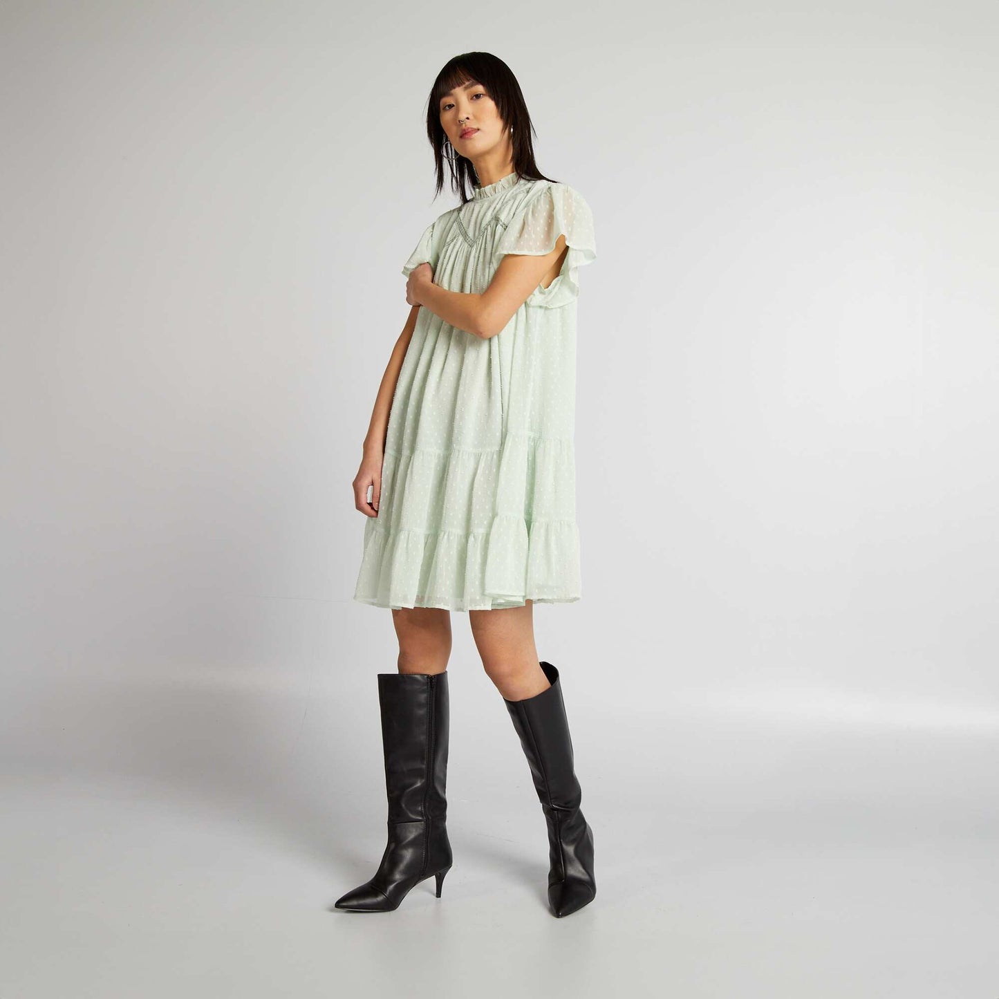 Ruffled dotted Swiss dress GREEN