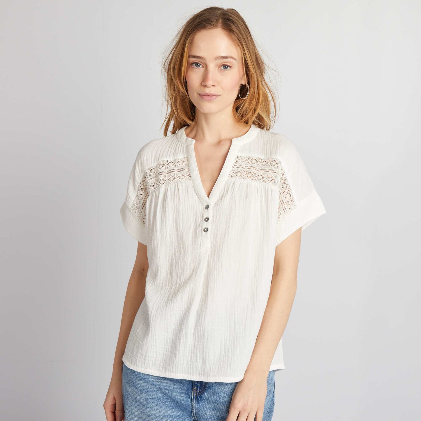 Short-sleeved cotton gauze blouse WHITE