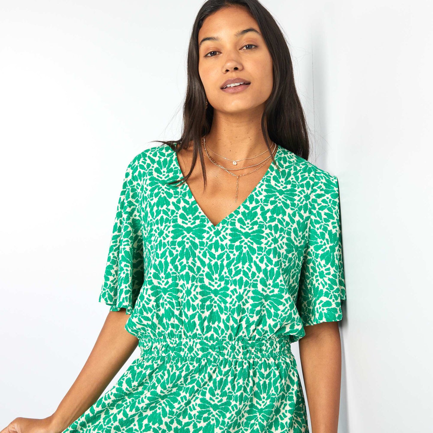 Short printed flounced dress GREEN