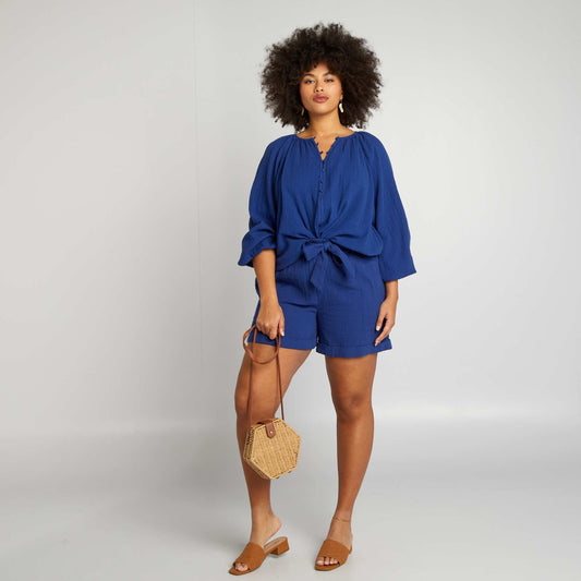 Cotton gauze high-waisted shorts BLUE