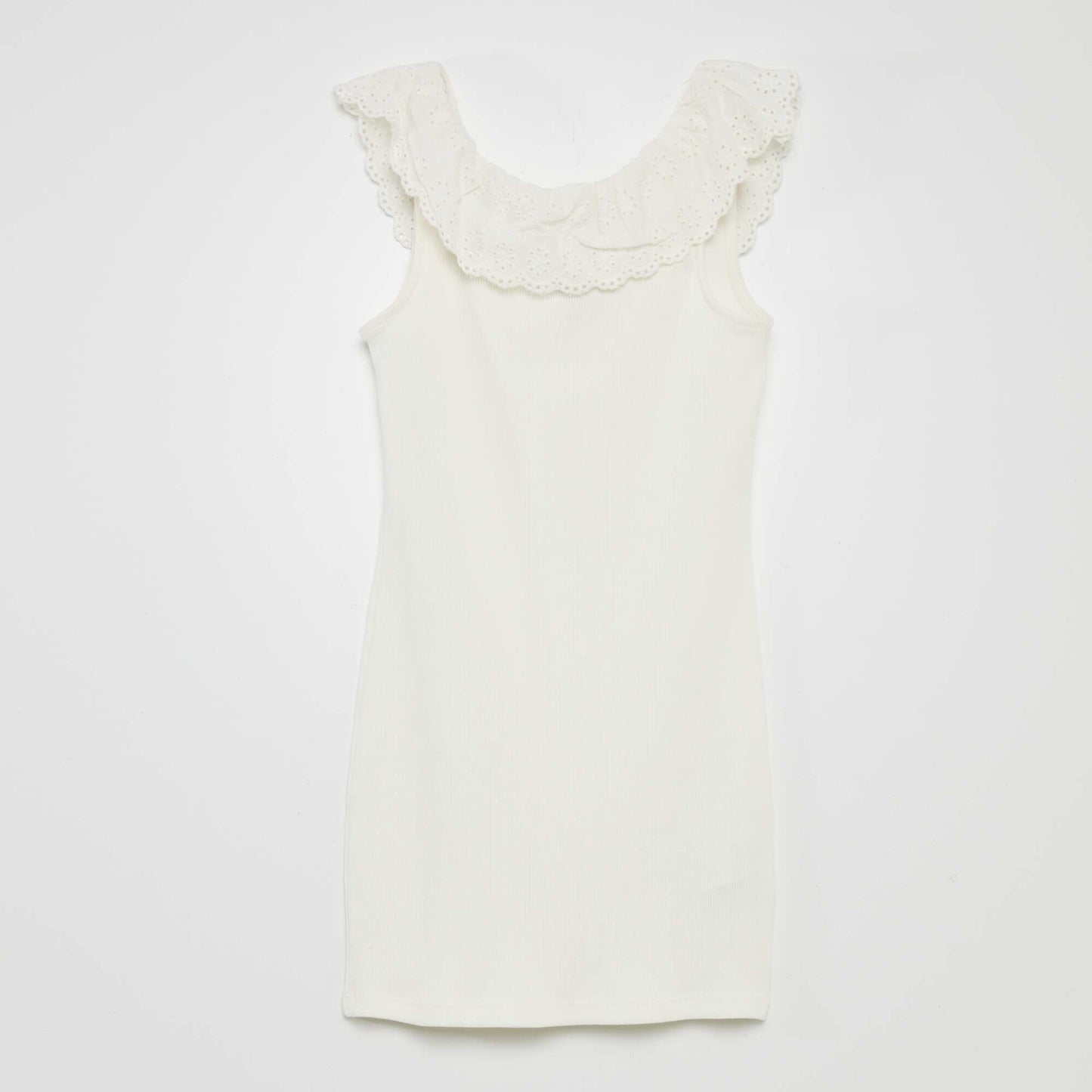 Ribbed dress with wide embroidered collar WHITE