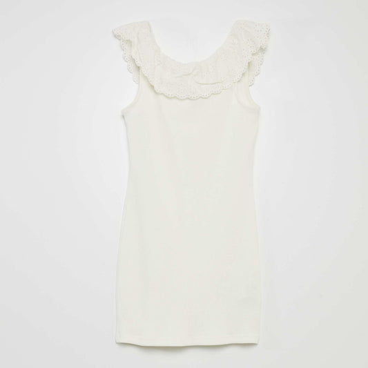 Ribbed dress with wide embroidered collar WHITE