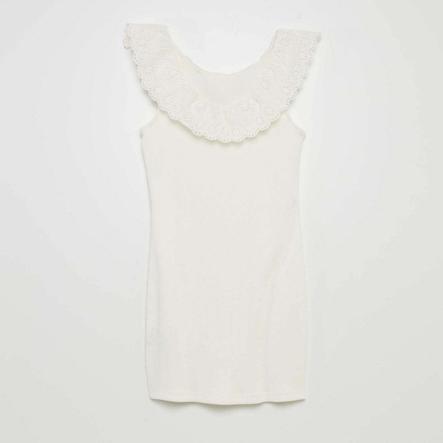 Ribbed dress with wide embroidered collar WHITE