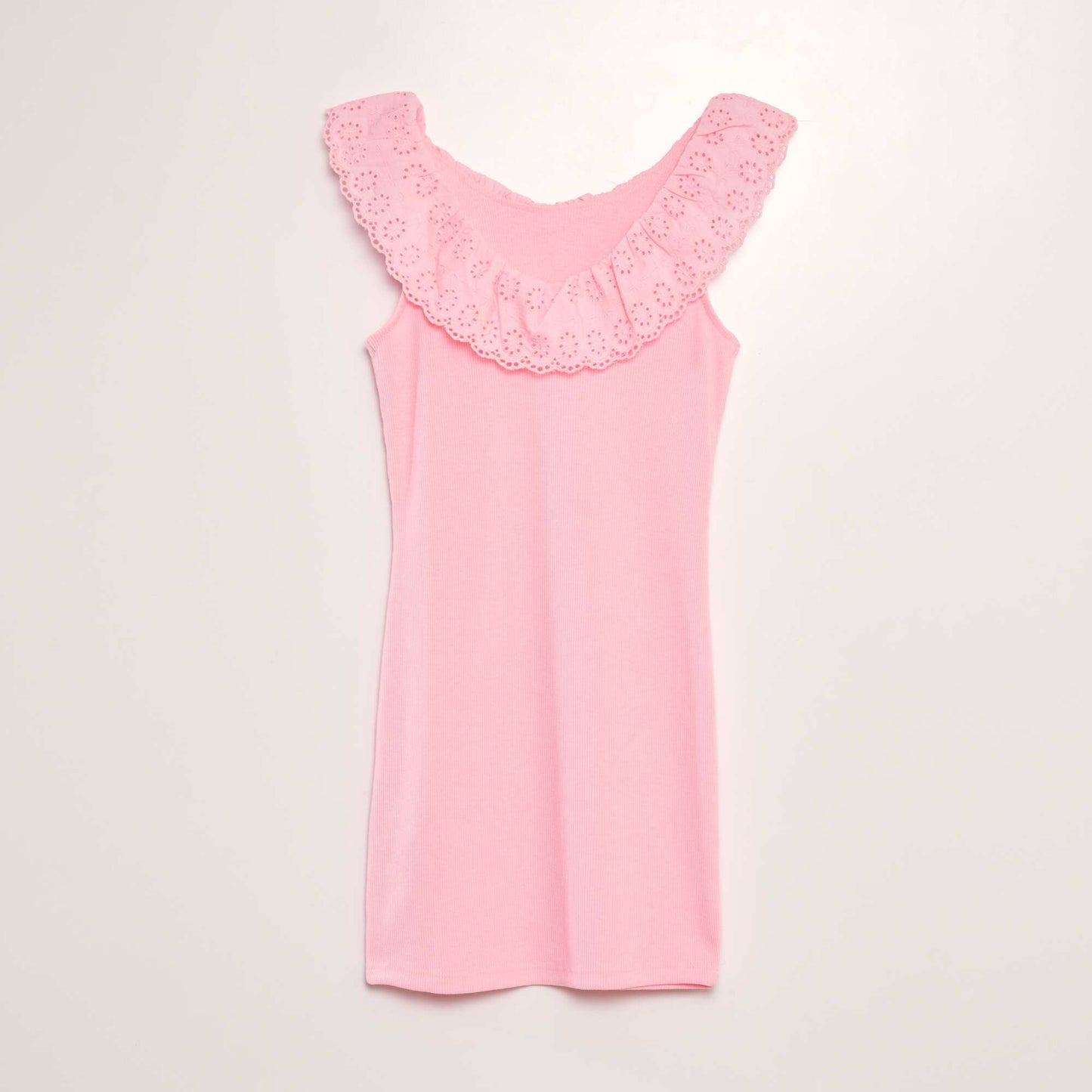 Ribbed dress with wide embroidered collar PINK