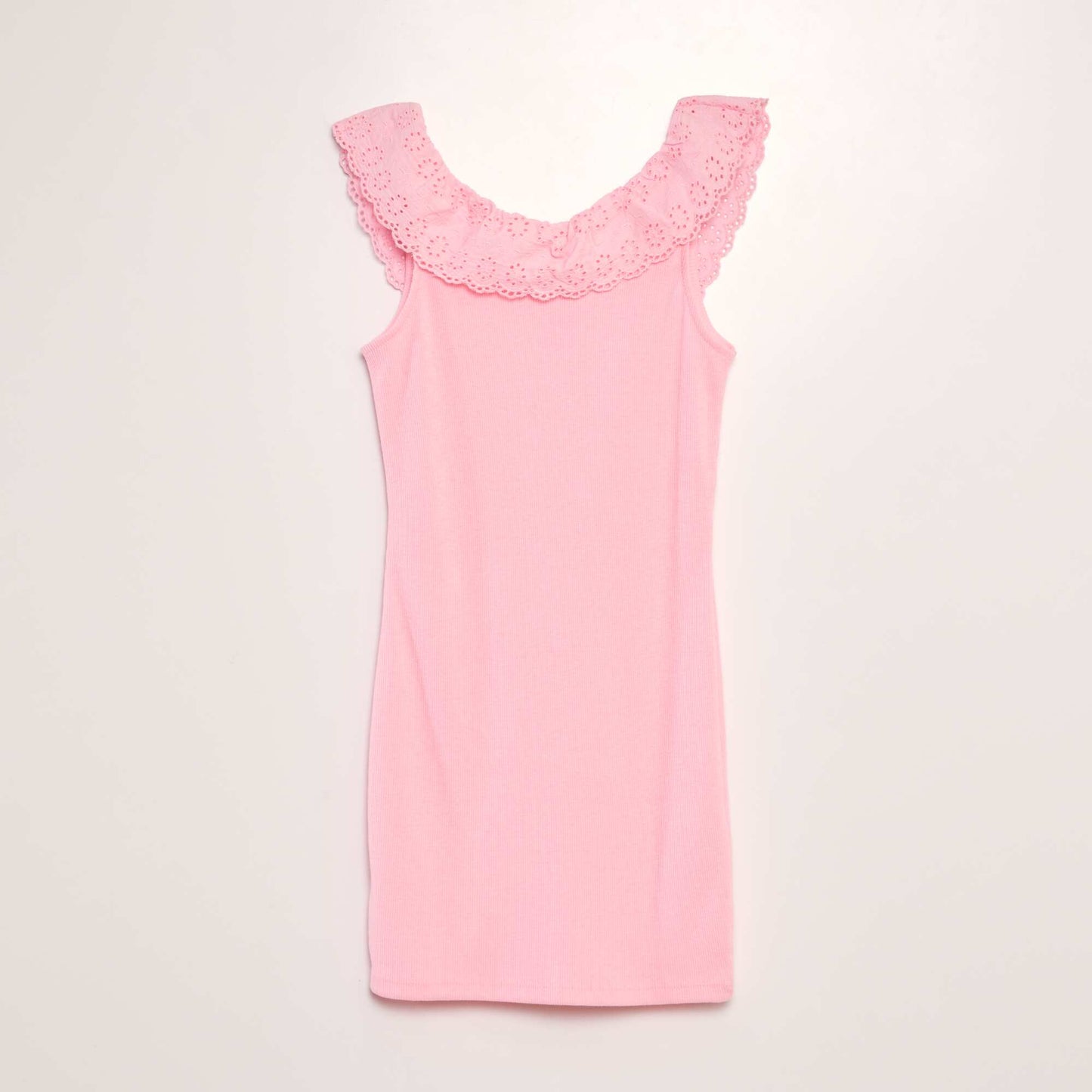 Ribbed dress with wide embroidered collar PINK