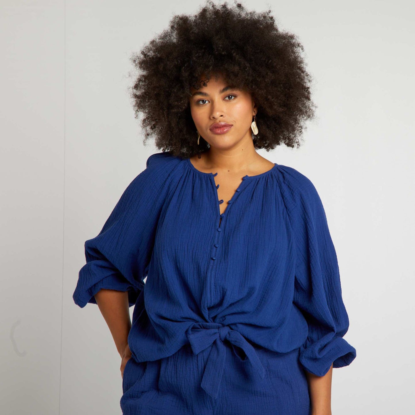 Plain cotton gauze blouse BLUE