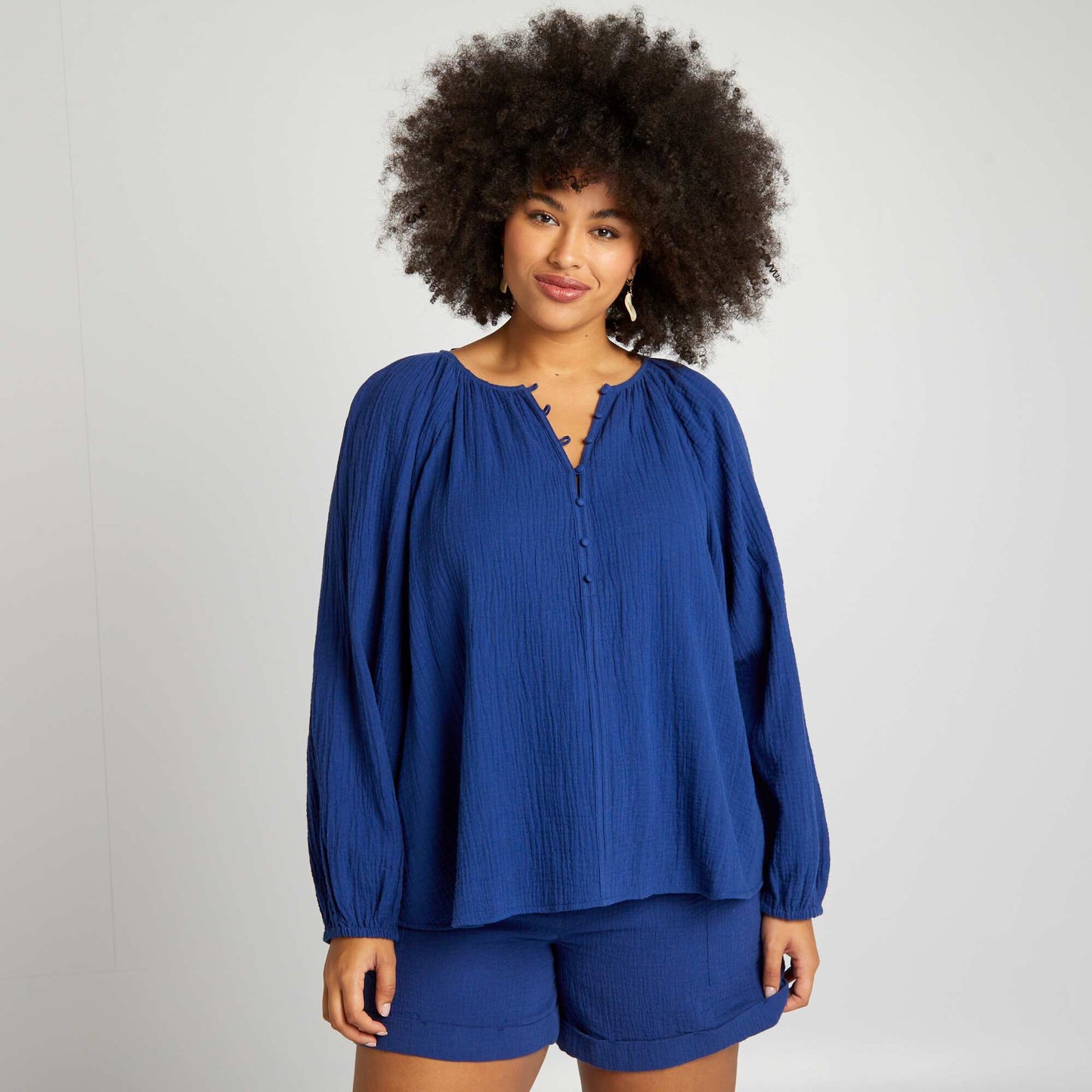 Plain cotton gauze blouse BLUE