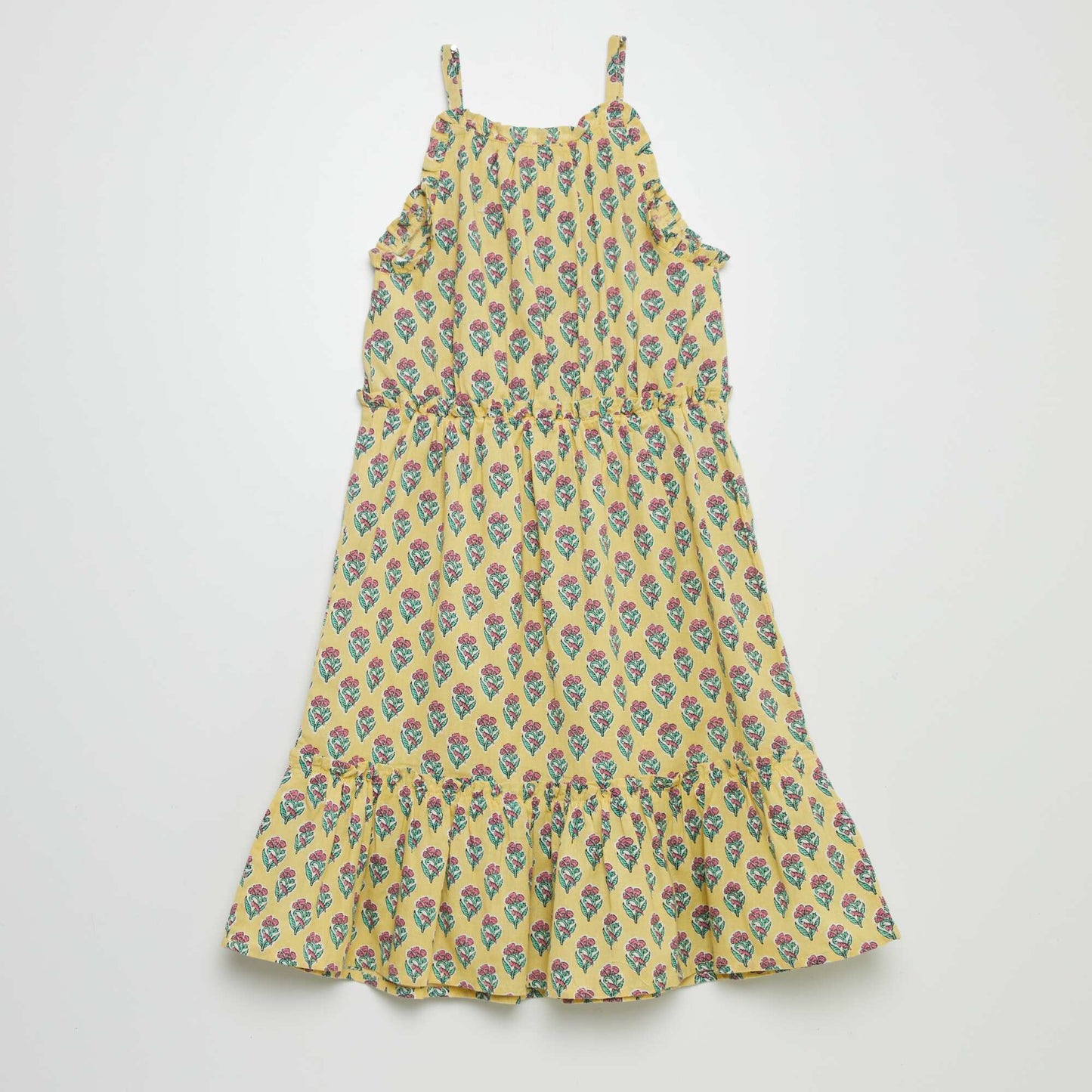 Patterned full-skirt dress with ruffled hem YELLOW