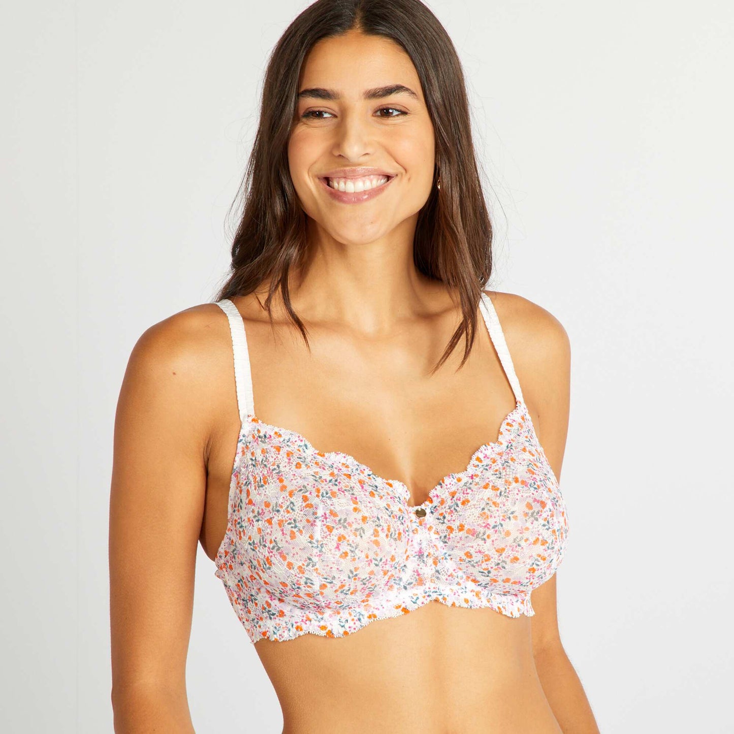 Floral lace demi-cup bra for D&E cups WHITE