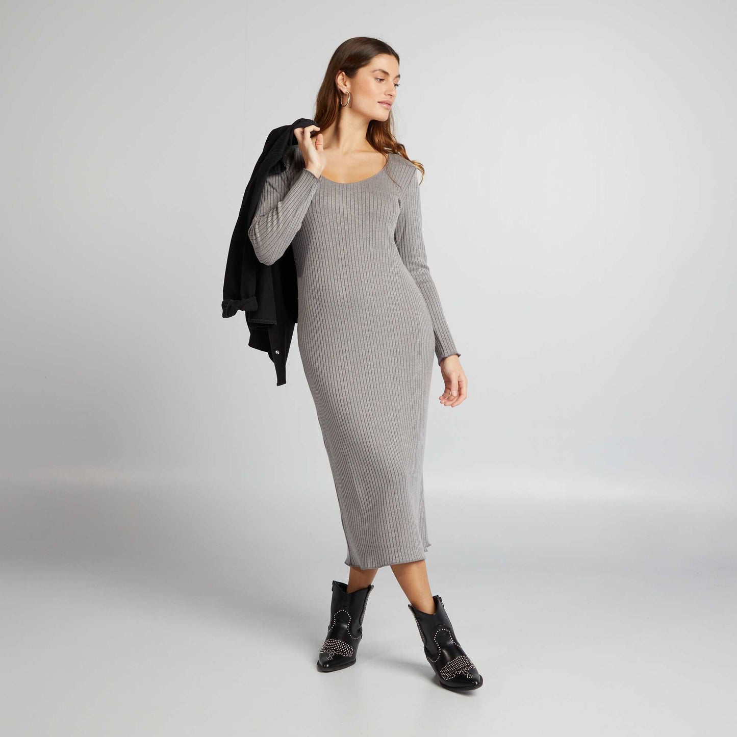 Ribbed knit long dress GREY