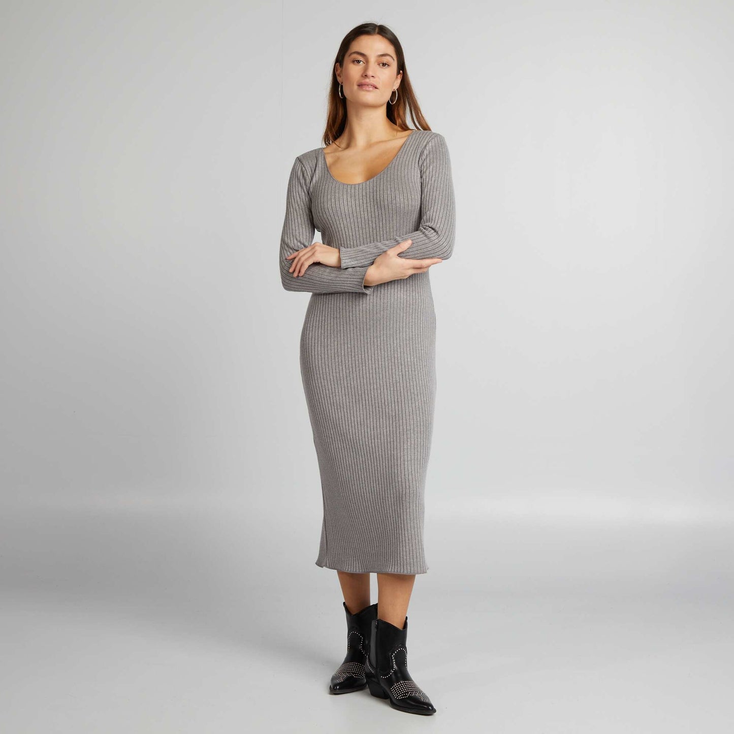 Ribbed knit long dress GREY