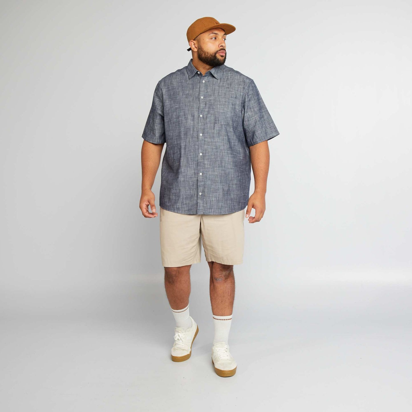 Short-sleeved cotton chambray shirt BLUE