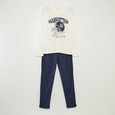 بيجامة جيرسي طويلة مطبوعة - طقم من قطعتين - أبيض