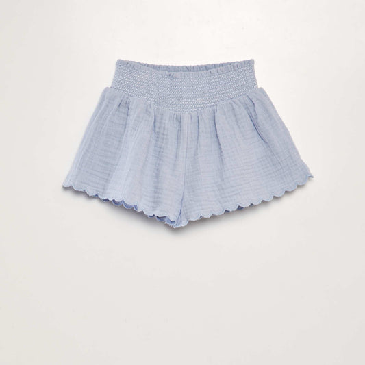 Cotton gauze shorts with smocked waist BLUE