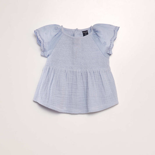 Broderie anglaise cotton gauze blouse BLUE