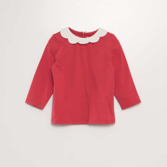 Long-sleeved scalloped neck T-shirt RED