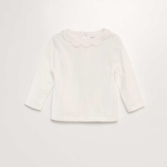 Long-sleeved scalloped neck T-shirt WHITE