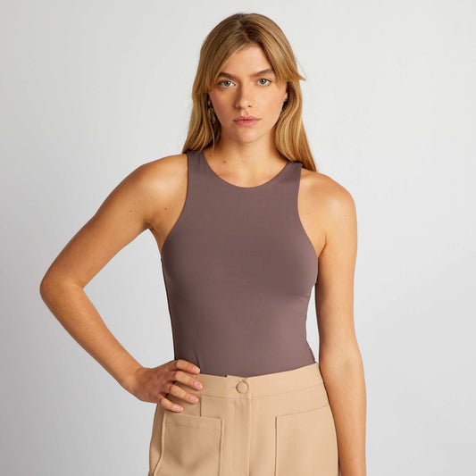 Plain stretch round neck bodysuit BROWN