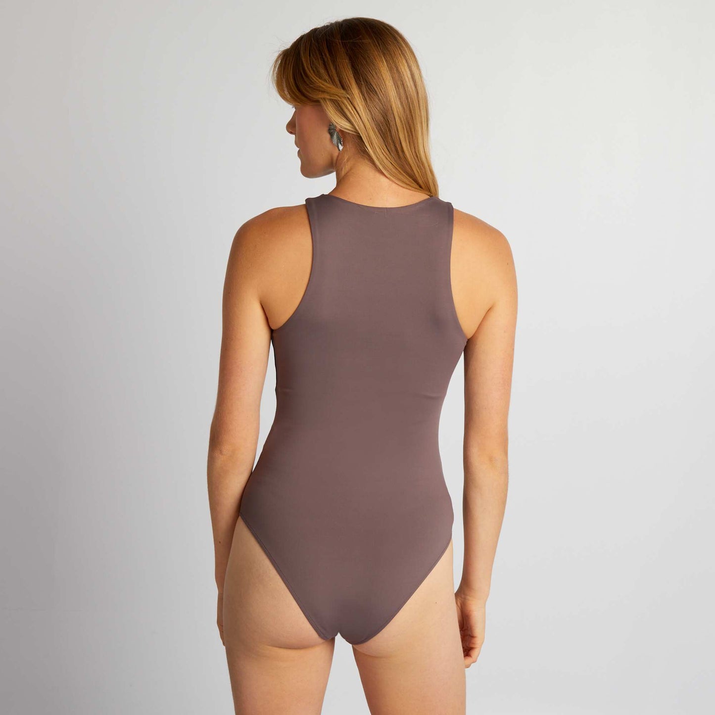 Plain stretch round neck bodysuit BROWN