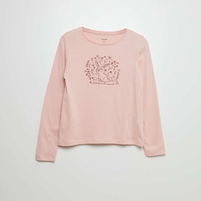 تي شيرت قطني مطبوع باللون الوردي