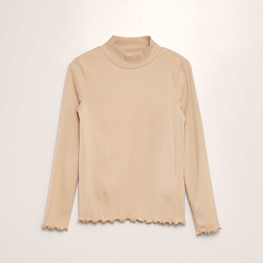 Ribbed T-shirt with long sleeves BEIGE