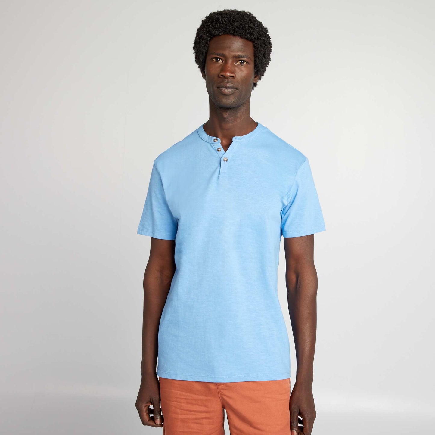 Plain T-shirt with grandad neckline BLUE