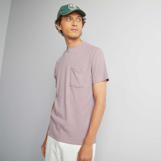 Plain honeycomb knit T-shirt with pocket PURPLE