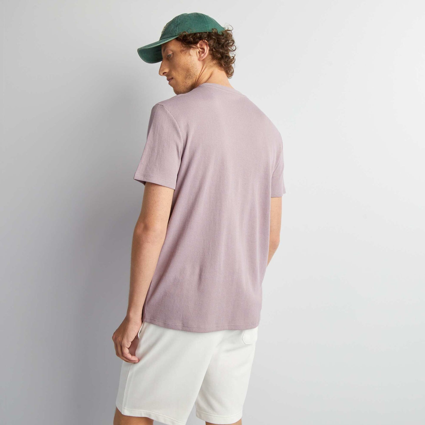 Plain honeycomb knit T-shirt with pocket PURPLE