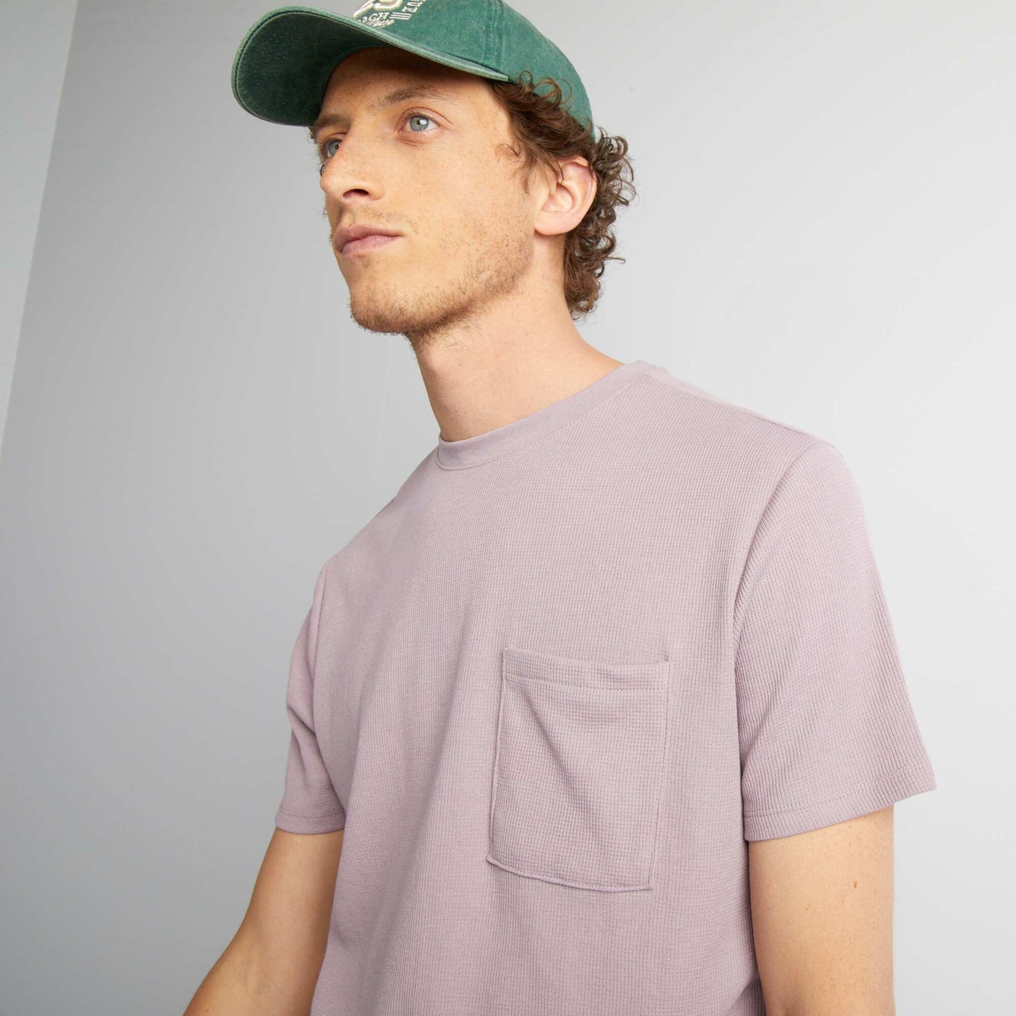 Plain honeycomb knit T-shirt with pocket PURPLE