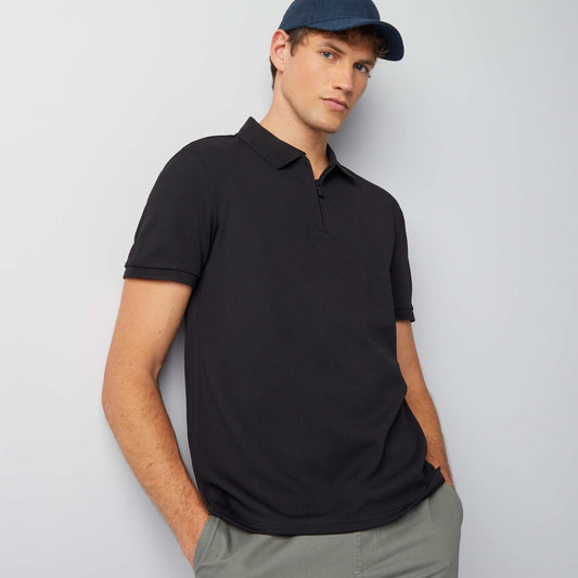 Zip-up waffle knit polo shirt black