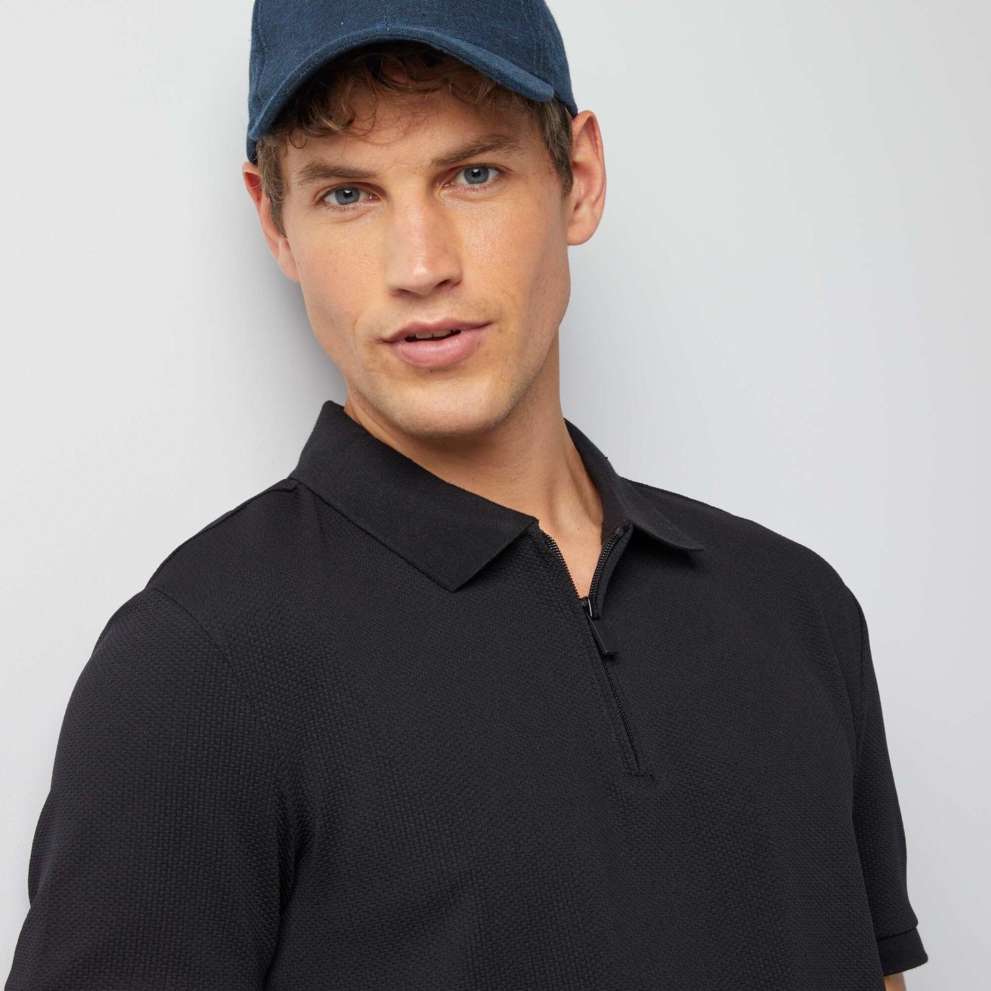 Zip-up waffle knit polo shirt black