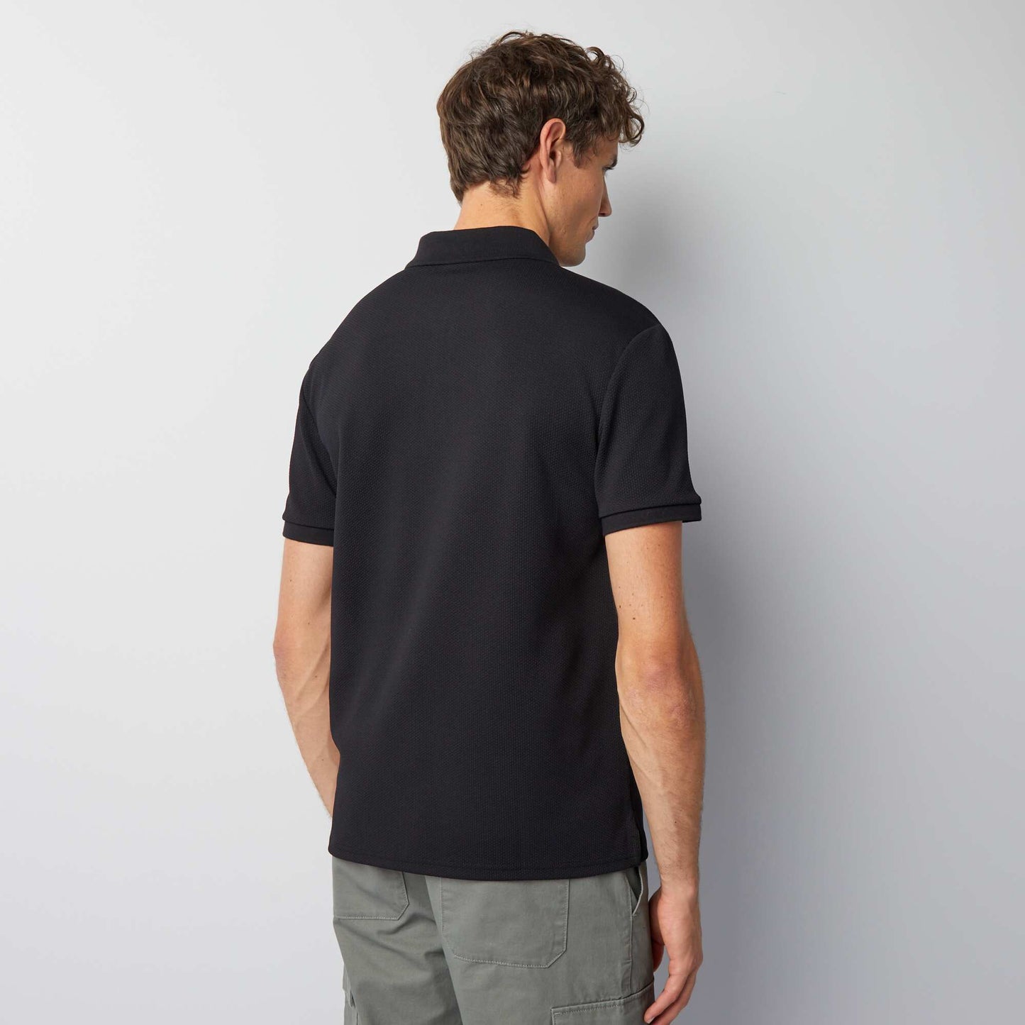 Zip-up waffle knit polo shirt black