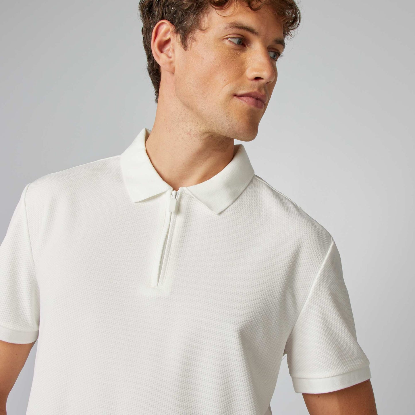 Zip-up waffle knit polo shirt WHITE