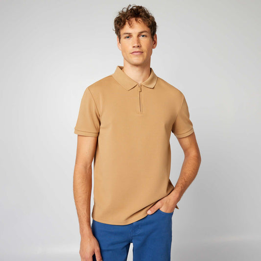 Zip-up waffle knit polo shirt BEIGE