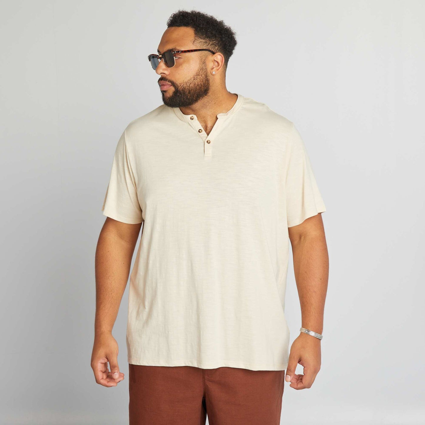 Henley collar jersey T-shirt BEIGE