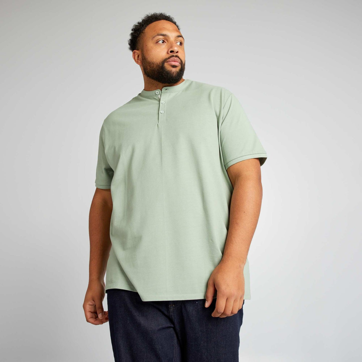 Cotton piqué polo shirt with mandarin collar GREEN