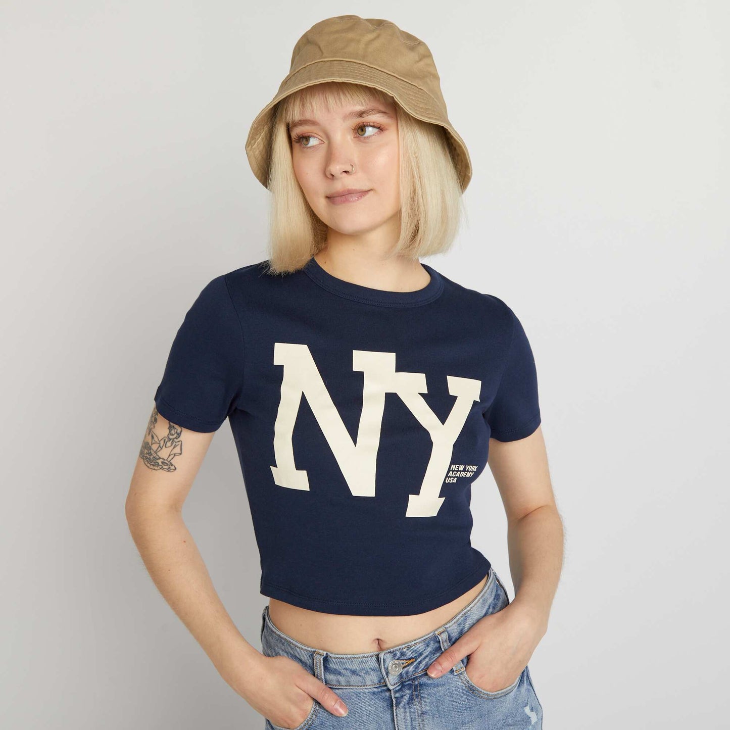 Stretch jersey fabric NYC crop top BLACK