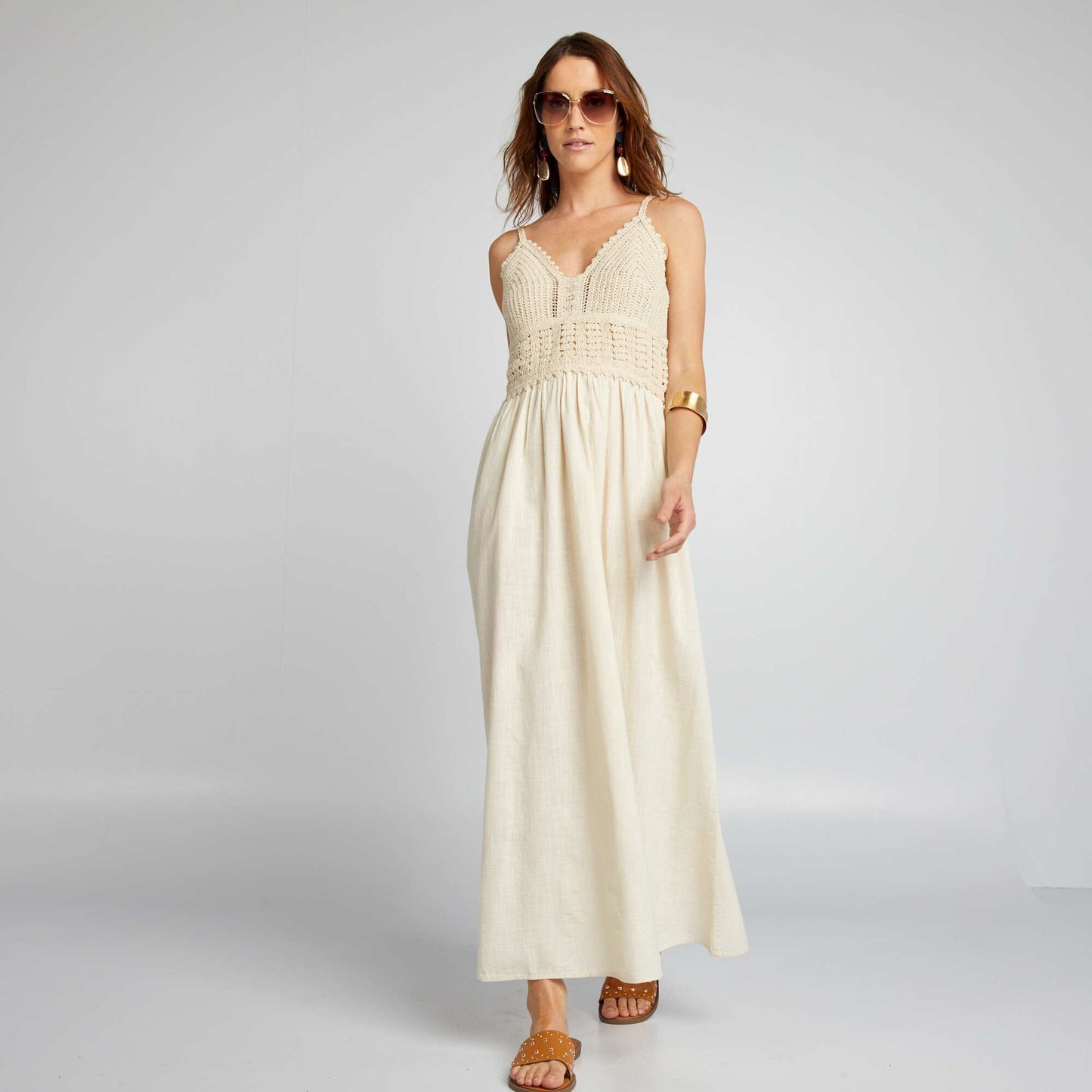 Long flared macramé dress WHITE