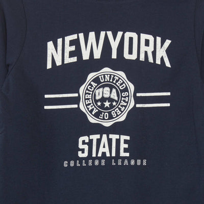 تي شيرت مطبوع برقبة دائرية باللون الأزرق